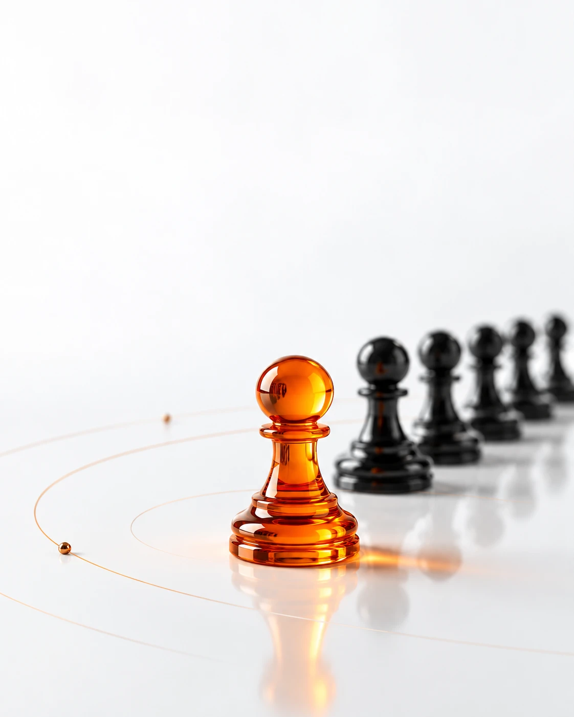An blue glass chess pawn standing apart from a line of black pawns