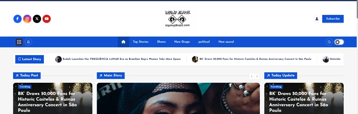 HipHopBrazil homepage with its blue navigation and featured music stories.
