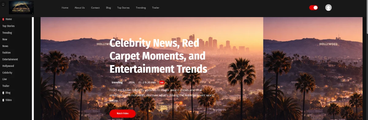 Hollywood Skyline homepage showing its Los Angeles sunset feature and entertainment navigation.