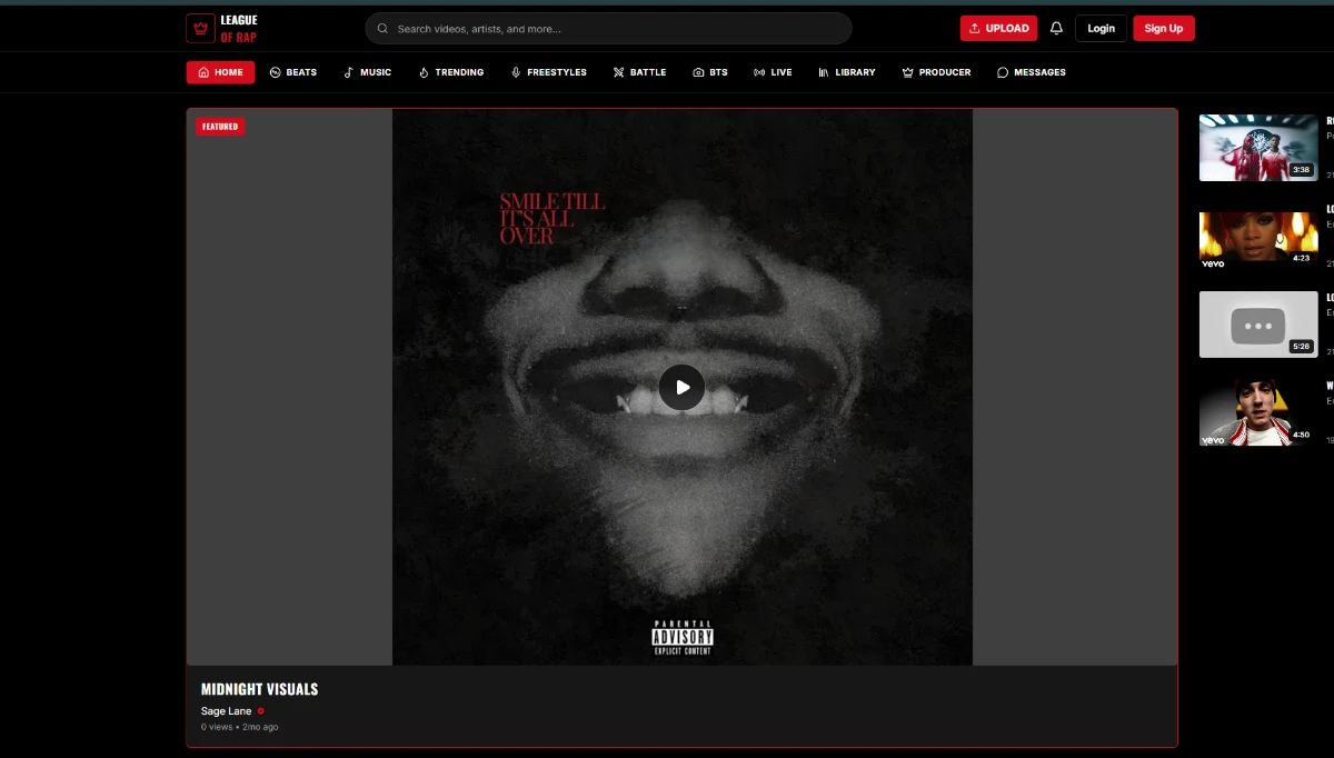 League of Rap homepage with its red and black navigation and featured music video.