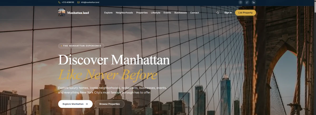 Manhattan.land homepage with the Discover Manhattan headline and Brooklyn Bridge skyline hero.