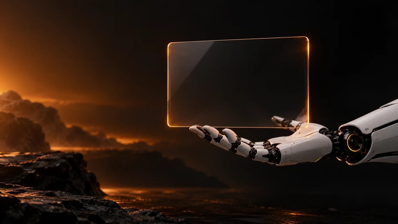 A robotic hand holds an illuminated glass panel
